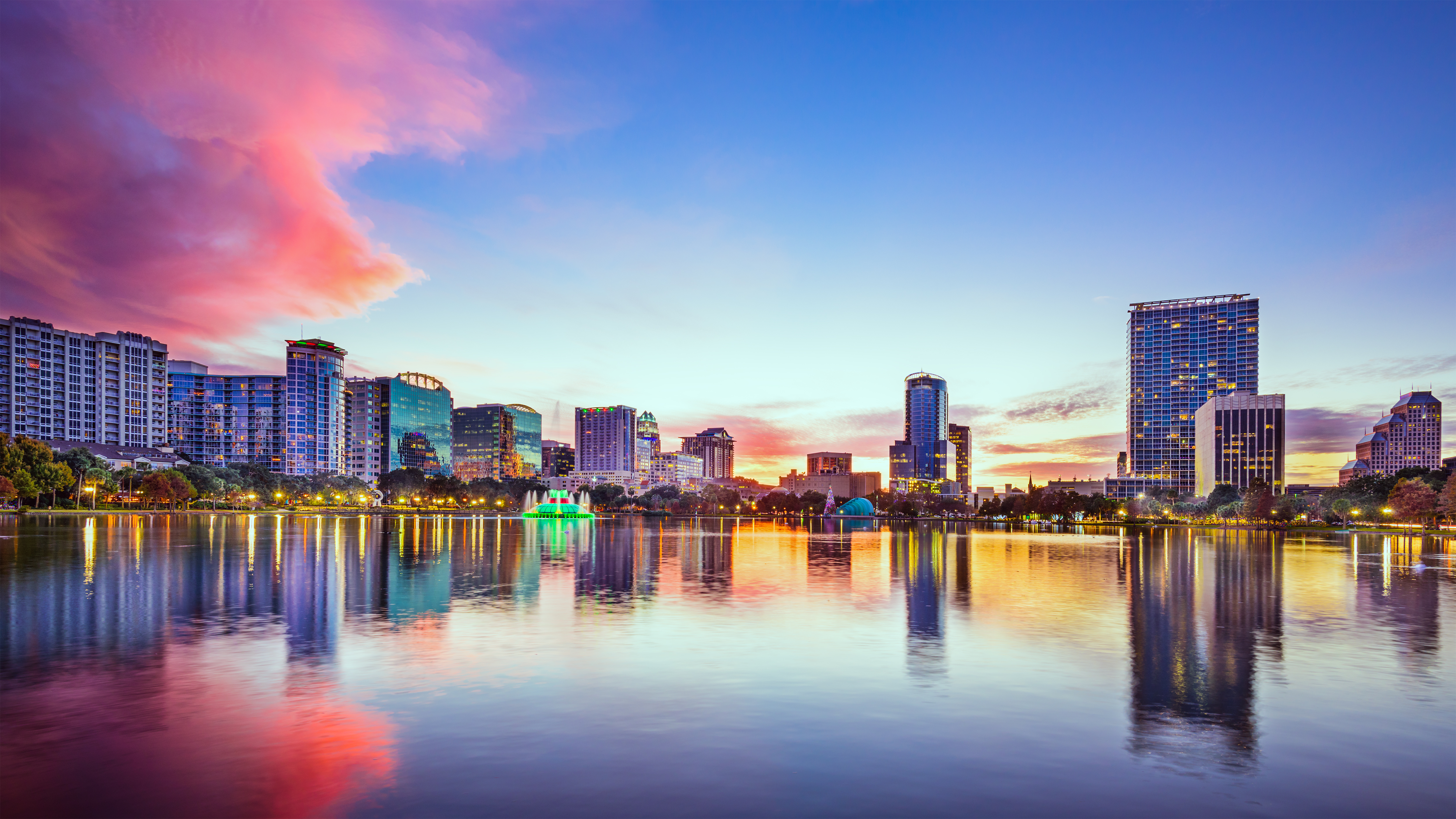 Downtown Orlando skyline at sunset